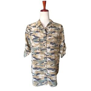 Equipment Femme Camouflage Silk Button Down Shirt Roll Tab Sleeve Tan Green M/M